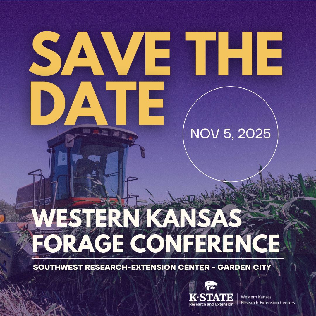 Save the Date graphic for the Western Kansas Forage Conference on November 5, 2025, at the Southwest Research-Extension Center in Garden City. The image features a forage harvester working in a tall, green forage crop under a purple sky. Event details and the K-State Research and Extension logo are included at the bottom.