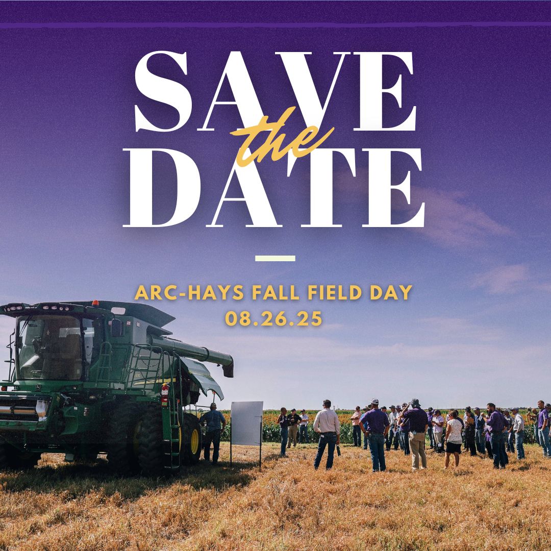 Save the Date graphic for ARC-Hays Fall Field Day on August 26, 2025. The image features a large green combine parked in a field with a group of people gathered nearby, listening to a presentation. The sky is clear with a purple gradient overlay at the top displaying the event text.