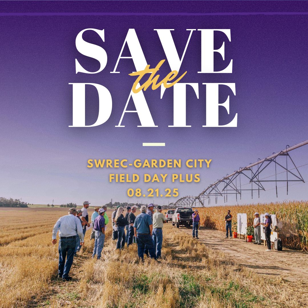 Save the Date graphic for SWREC-Garden City Field Day Plus on August 21, 2025. The image shows a group of people gathered in a harvested field near a corn plot and a center pivot irrigation system. A presenter stands by irrigation equipment, addressing the group. A purple gradient overlays the top with the event text prominently displayed.